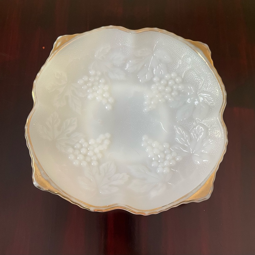 Anchor Hocking Milk Glass Pedestal Plate Gold Trim Dish